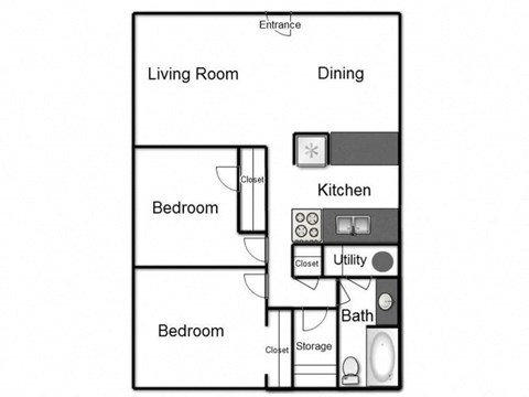 Floor plan for 2 beds, 1 bath, 793 sqft
